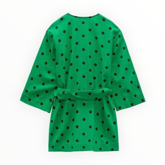 ZARA | Green | LINEN BLEND POLKA DOT KAFTAN - Picture 3 of 9